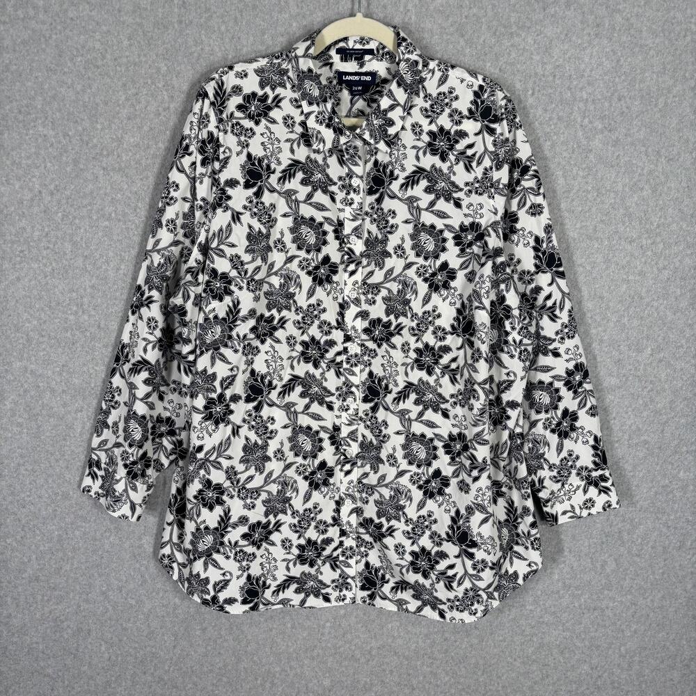 Lands End Shirt 26 Black White‎ Floral No Iron Supima Cotton Tunic Casual Thin
